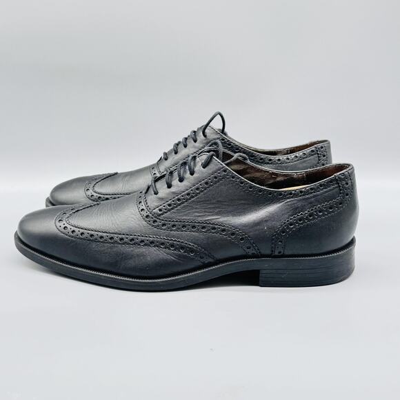 Cole Haan Shoes Men 9 Black Leather Wingtip Brogue Oxford Slip On Lace Up Dress - Picture 5 of 13